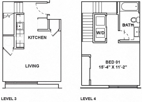A floor plan shows a living area with a kitchen and a bedroom with a bathroom.